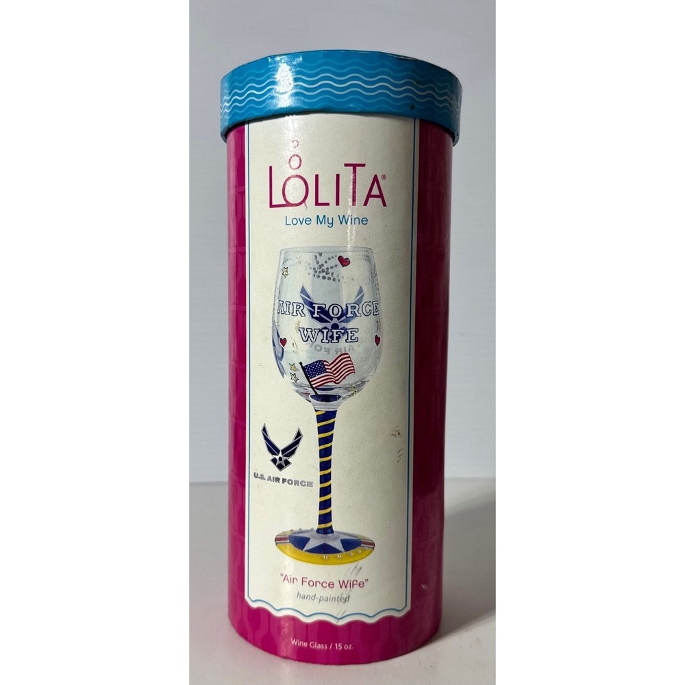 Lolita Air Force Wife Wine Glass 15oz Hand Painted Patriotic Military Gift NIB
